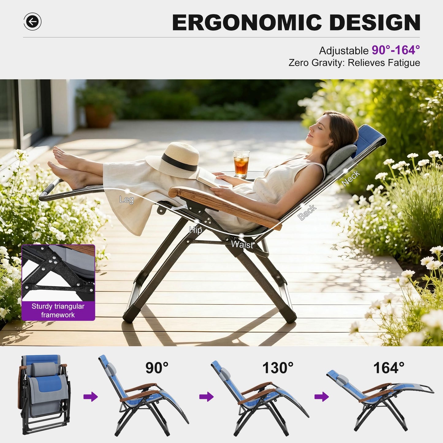 PURPLE LEAF Extra Wide Outdoor Reclining Chair Patio Zero Gravity Chaise Lounge Folding Chair with Quilted Cushion Adjustable Headrest for Lawn Camping Beach Pool Grey and Navy Blue