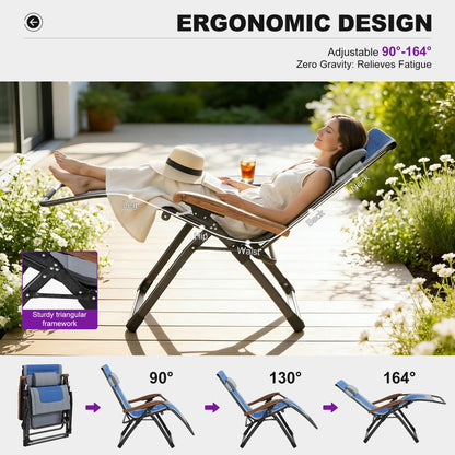 PURPLE LEAF Extra Wide Outdoor Reclining Chair Patio Zero Gravity Chaise Lounge Folding Chair with Quilted Cushion Adjustable Headrest for Lawn Camping Beach Pool Grey and Navy Blue