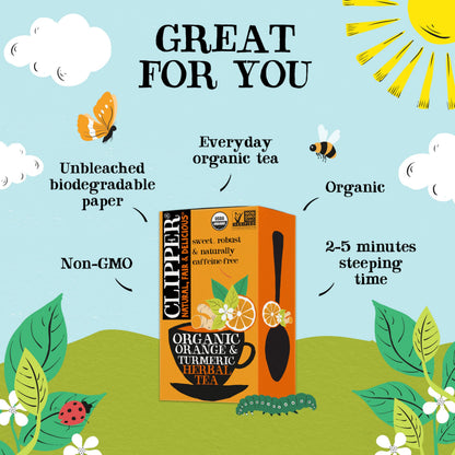 Clipper Tea, Orange & Turmeric, Organic with Licorice Root, Orange Peel and Hibiscus, Plant Based Herbal, Caffeine Free British, 6 Pack, 120 Unbleached Bags