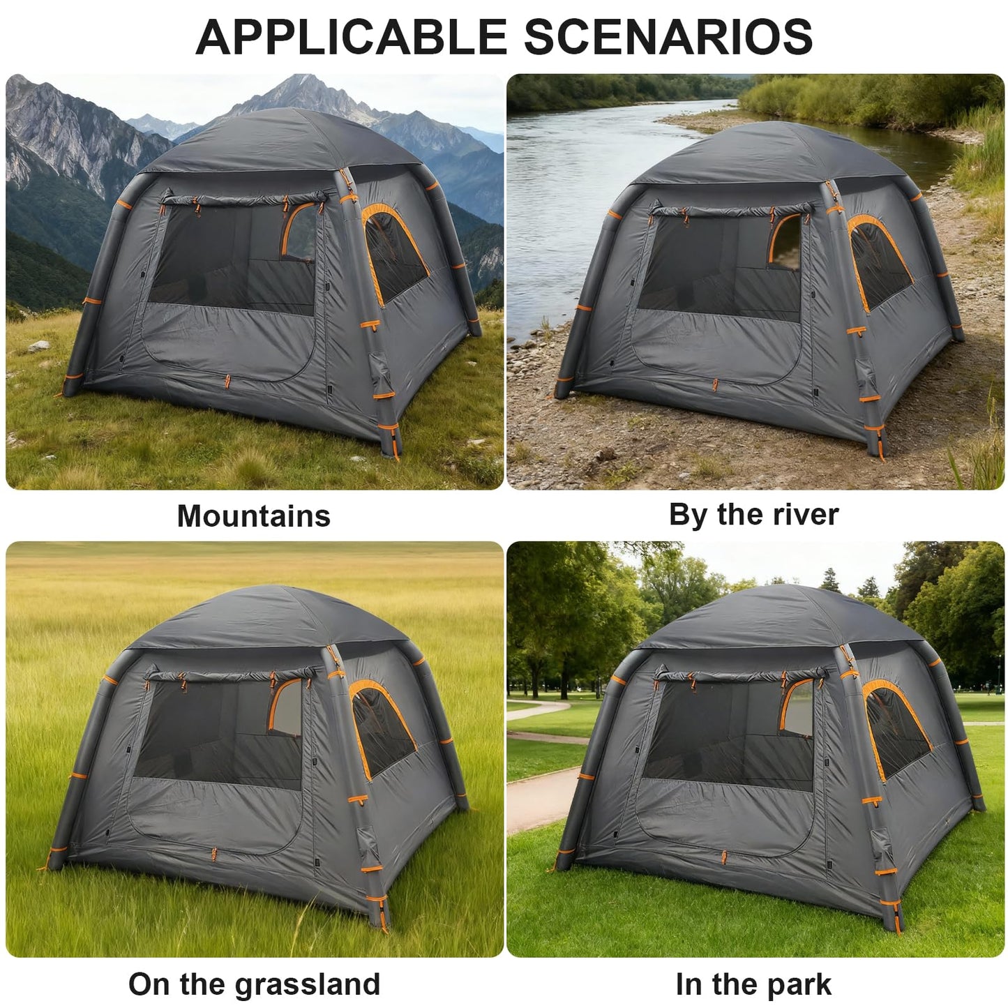Inflatable Tent with Pump, 2-4 Person Glamping Camping Tents House, Easy Setup Blow Up Family Tents for 4 Seasons Waterproof Inflatable Tent for Camping with Mesh Windows.