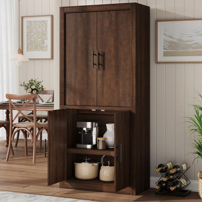 IDEALHOUSE Tall Wooden Kitchen Pantry Cabinet, Farmhouse 4-Magnetic Door Freestanding Food Storage Cupboard Pantry Cabinet with Adjustable Shelves & Large Storage for Dining, Living Room, Retro Brown