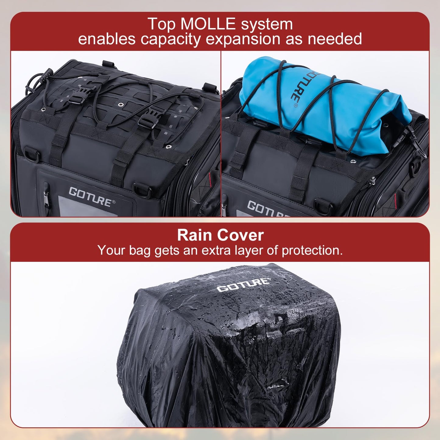 Goture 50L-70L Expandable Motorcycle Tail Bag, 1000D High-Tenacity Motorcycle Luggage Bag, Water-Repellent Motor Cycle Rear Seat Bag for Touring Cruisers with Rain Cover & Bungee Straps