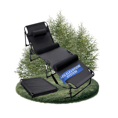PLEOFLO Outdoor Lounge Chair | Extra Large Portable cot incl Leg Raising adjustability | Easy Setup & Takedown | Supports Adults up to 300 lb | Ideal for Camping Patio, Balcony, Beach & More