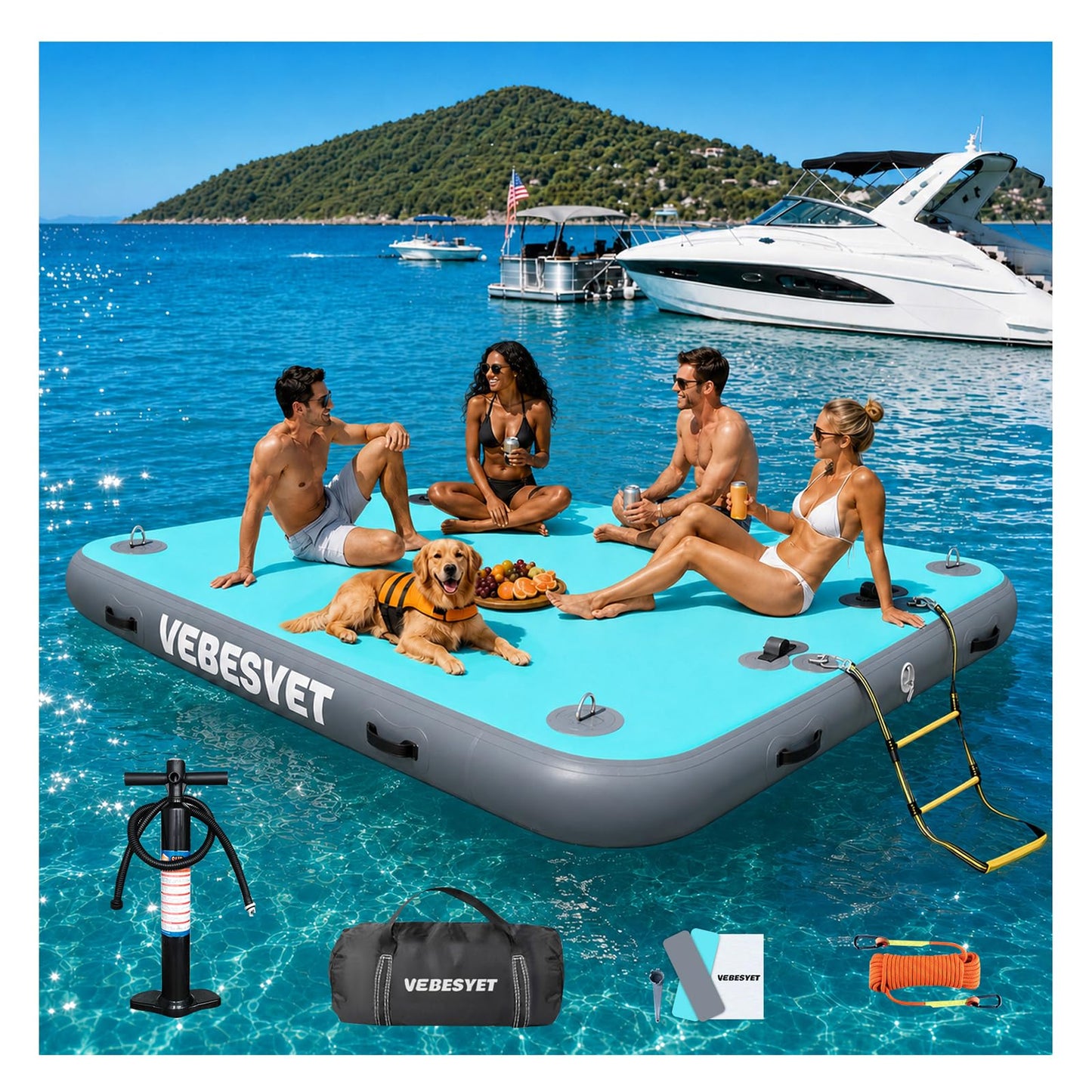 VEBESYET Inflatable Dock Water Platform, 5 x 6ft Multi-Person Inflatable Floating Island Raft for Family Party Beach Lake Boating Ocean