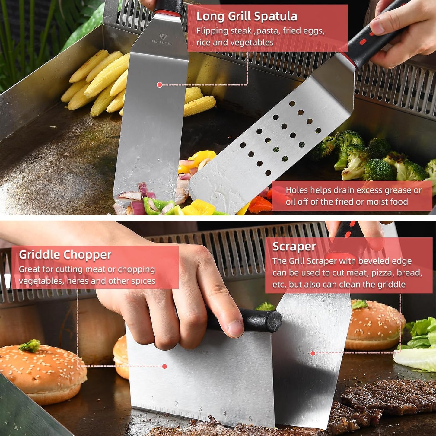 VIKEYHOME Griddle Accessories Kit - 28 Pcs Flat Top Grill Set with Spatula, Tongs & Basting Cover