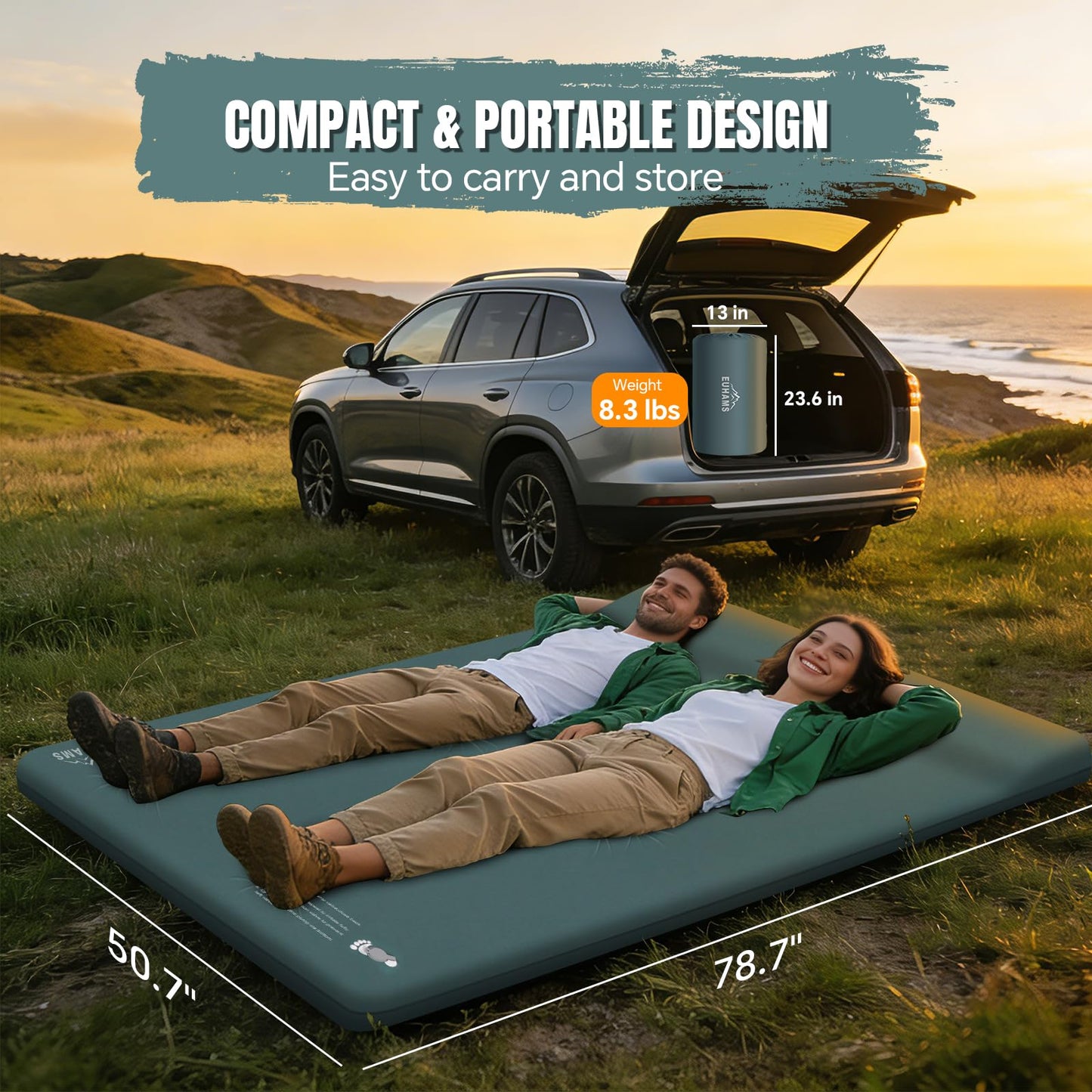 EUHAMS Camping Sleeping Pad – Ultra-Thick Self-Inflating Memory Foam Mattress with Pillow, Double Camping Pad with Foot Pump, Portable 4-Season Sleeping Mat for Car, Tent & Travel, Full Size