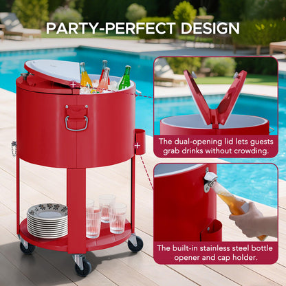 SUNJOY 60 Quart Rooling Ice Chest Cooler Cart, Portable Patio Party Bar Drink Cooler Cart, Beverage Bar with Bottle Opener and Shelf, Red