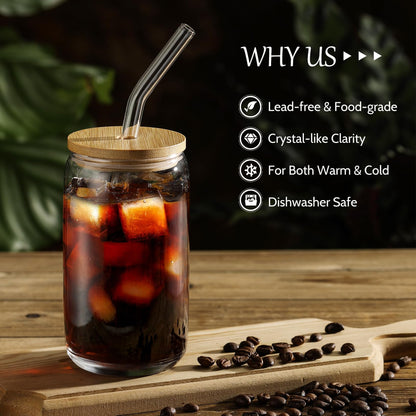 [ 6pcs Set ] Glass Cups with Bamboo Lids and Glass Straw - Beer Shaped Drinking Glasses, 16 oz Iced Coffee Glasses, Cute Tumbler Cup for Smoothie, Boba Tea, Whiskey, Water - 2 Cleaning Brushes