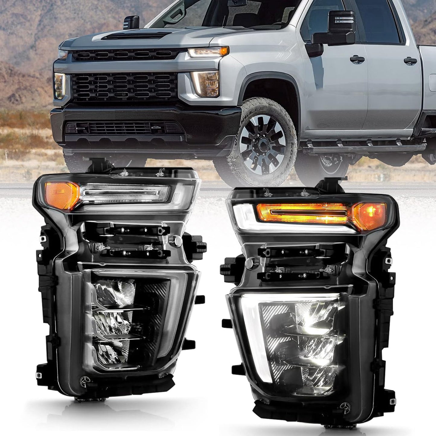 VLINCAR Upgrade LED Headlight Assembly Compatible with Chevy Silverado 2500HD 3500HD 2020 2021 2022 2023 (For Halogen Model Upgrade) Factory Replacement Head Light Lamp Driver & Passenger Side