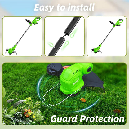 SUNCHERS 20V Cordless String Trimmer - 12-Inch Lawn Edger with Auto Line Feed & 2 Batteries | Green