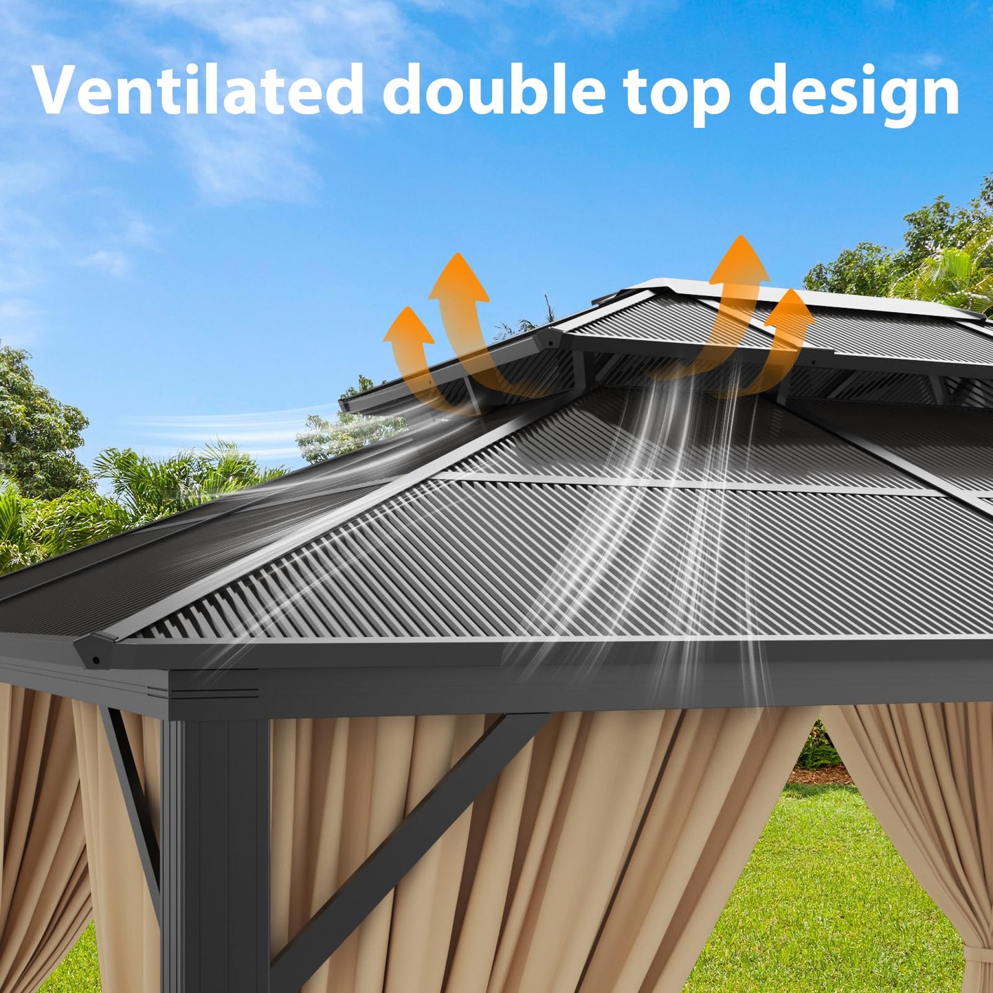 10' X 12' Hardtop Gazebo Canopy, Double Roof Canopy with Netting and Curtains, Outdoor Aluminum Frame Pergola, Heavy Duty Permanent Metal Pavilion for Patio Deck Backyard, Khaki