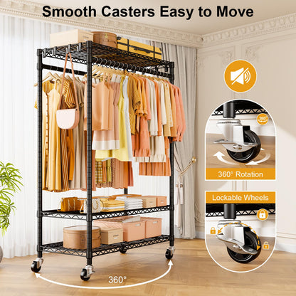 ULIFHOME P7 Rolling Clothes Rack, Clothing Racks for Hanging Clothes, Heavy Duty Garment Rack with Wheels, 3 Tiers Freestanding Portable Closet Rack 45''W × 20.5''D × 80.5''H, Max Load 480 lbs, Black