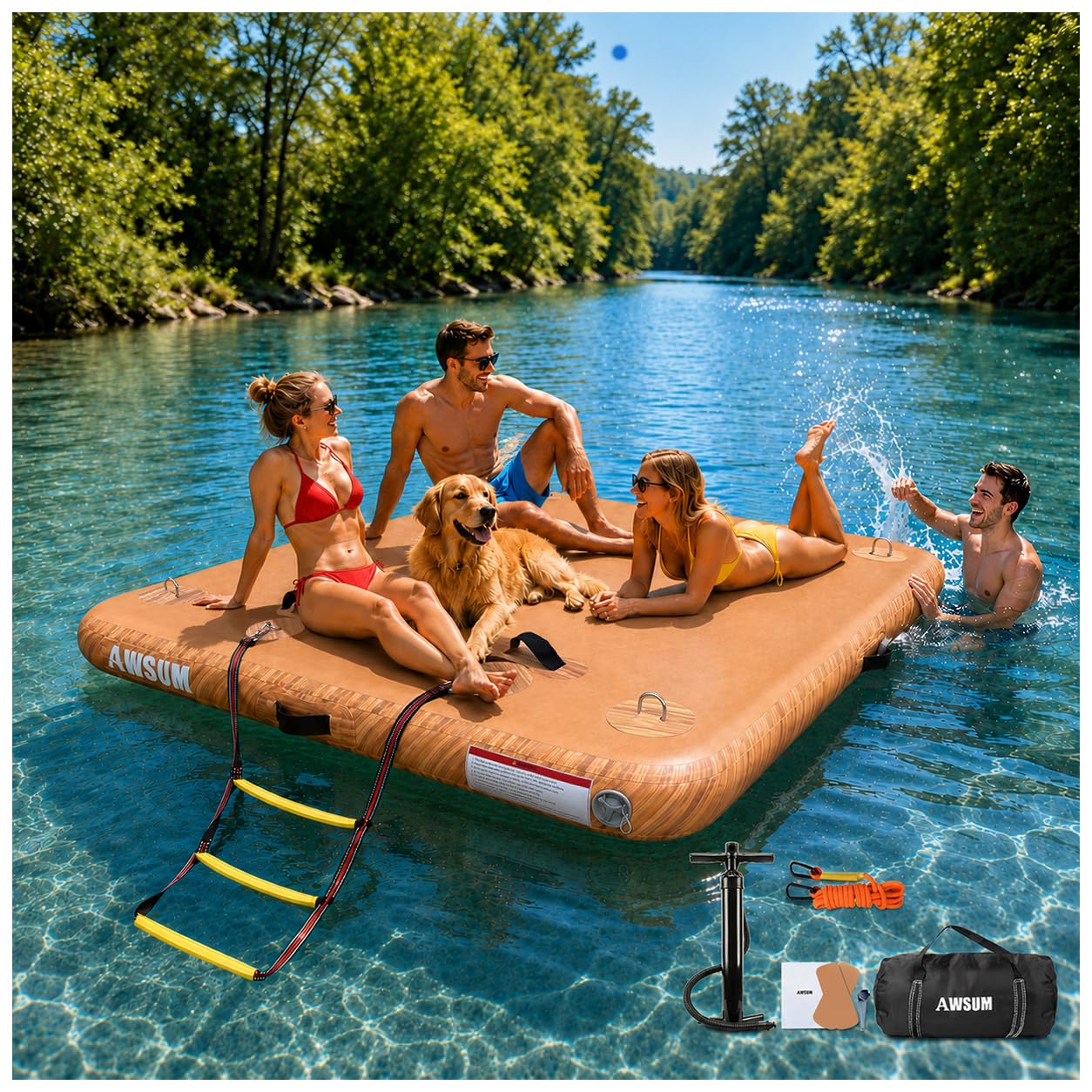 AWSUM Inflatable Floating Dock for Lakes, 5ft x 6ft Water Air Mat Inflatable Island Swim Platform with Non-Slip Wood Surface for Pool Beach Ocean