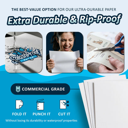 SplashProof Printer Paper - 8.5" x 11", 8 Mil Waterproof Paper, Laser Printer & Copy Machine Compatible (Letter - 8.5" x 11", 1,000 Sheets)