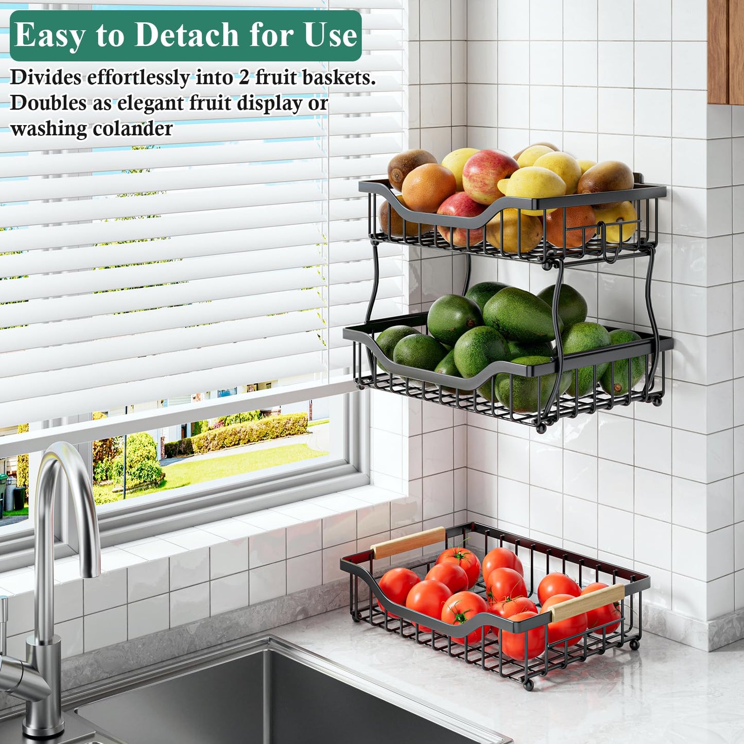 OKZEST 3-Tier Fruit Basket for Kitchen Counter with 2 Banana Hangers, Countertop Organizer Fruit Bowls, Fruit Storage Basket Stand with Handle for Storage Potato Onion Bread Snack Fruit Veggie