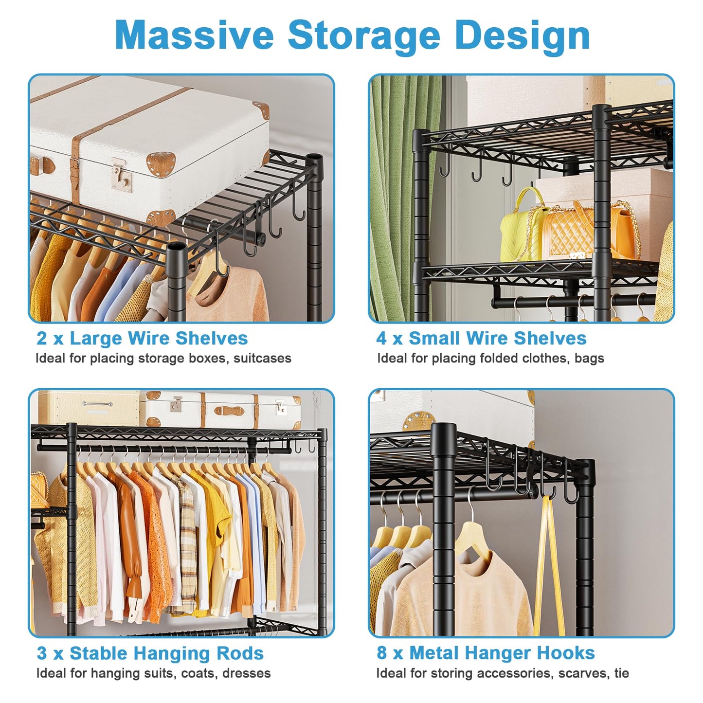 Ulif F7 Garment Rack, Heavy Duty Clothes Rack, Clothing Racks for Hanging Clothes, 6-Tiers Freestanding Portable Closet Storage Rack 58'' W × 14.6'' D × 76.6'' H, Max Load 800 Lbs, Black