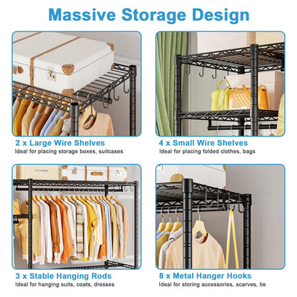 Ulif F7 Garment Rack, Heavy Duty Clothes Rack, Clothing Racks for Hanging Clothes, 6-Tiers Freestanding Portable Closet Storage Rack 58'' W × 14.6'' D × 76.6'' H, Max Load 800 Lbs, Black
