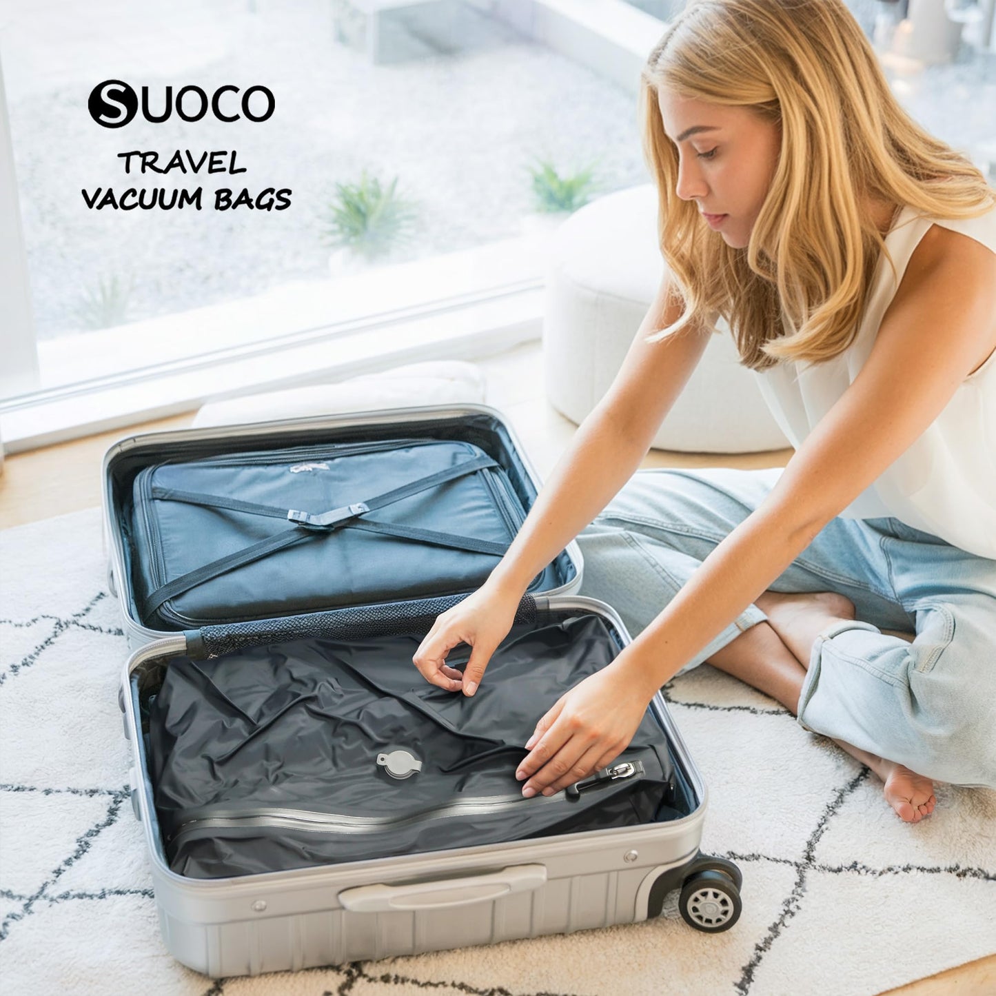 SUOCO Travel Pack Vacuum Kit, Vacuum Seal Bags for Clothing Travel with Cordless Pump, Carry-on Size Compression Packing Cubes for Luggage Suitcase Backpack, 4 Small
