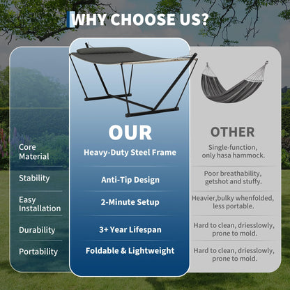 Garvee 2 Person Portable Double Hammock for Outdoor with Pillow, Heavy Duty Portable Hammock with Adjustable Steel Stand for Patio, Garden, Beach, Backyard