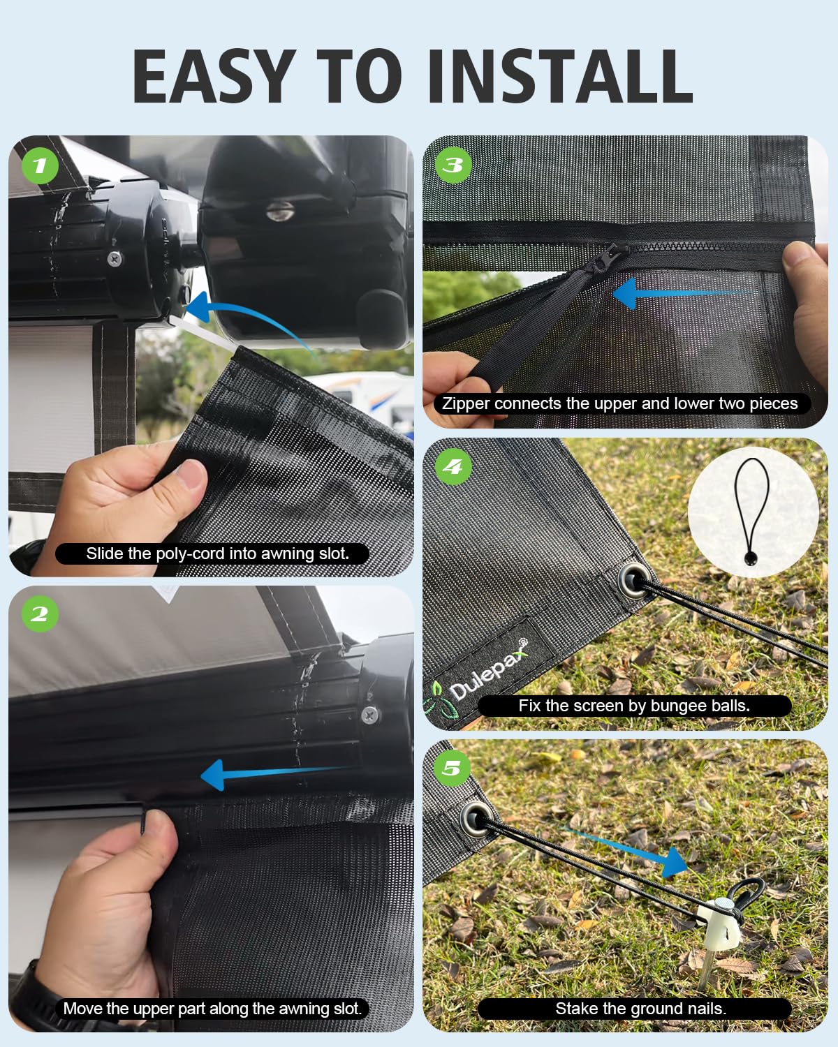 Dulepax RV Awning Sun Shade Screen with Zipper 9'X18'3'' -Second Generation RV Awning Shade Screen Significantly Improves Shadew and Privacy.Universal, Capmer Awning Shade with Complete Kits