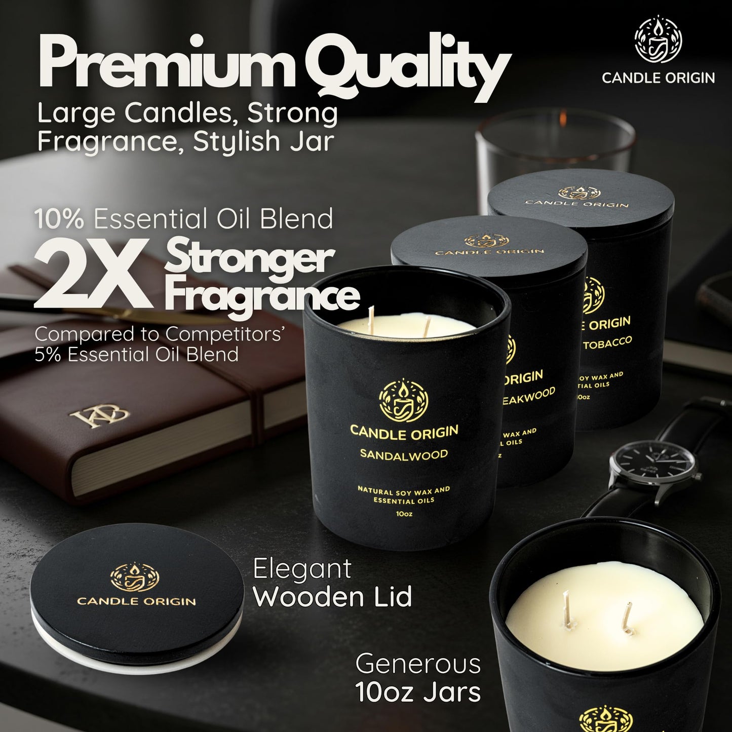 Luxury Candles for Men Gift Set (3×10oz) – Strong Masculine Scents (Mahogany Teakwood, Whiskey Tobacco, Sandalwood) – Long Lasting Soy Candles for Home, Man Cave Decor, Gifts for Him