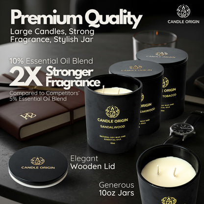 Luxury Candles for Men Gift Set (3×10oz) – Strong Masculine Scents (Mahogany Teakwood, Whiskey Tobacco, Sandalwood) – Long Lasting Soy Candles for Home, Man Cave Decor, Gifts for Him