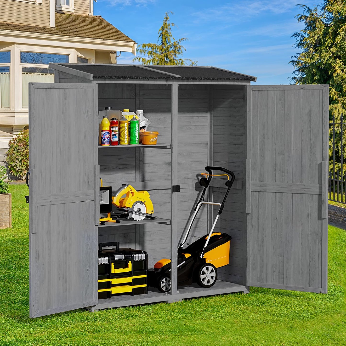 Gizoon Outdoor Storage Cabinet with Waterproof Roof, Double Lockable Doors Garden Shed with 2 Removable Shelves, Wooden Storage Shed with Large Storage Space for Patio, Garden, Backyard, Lawn, Grey