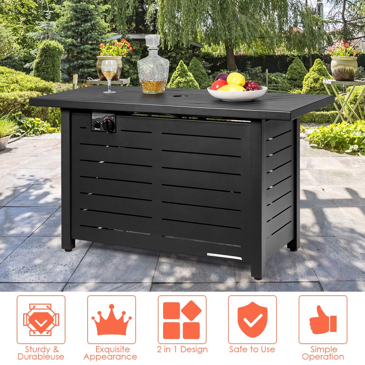DORTALA 42'' Rectangular Propane Gas Fire Pit Table, 60,000 BTU Heater Outdoor Table W/Cover, Propane Heater, Burner Stove Fire Table for Outdoor Use, Black