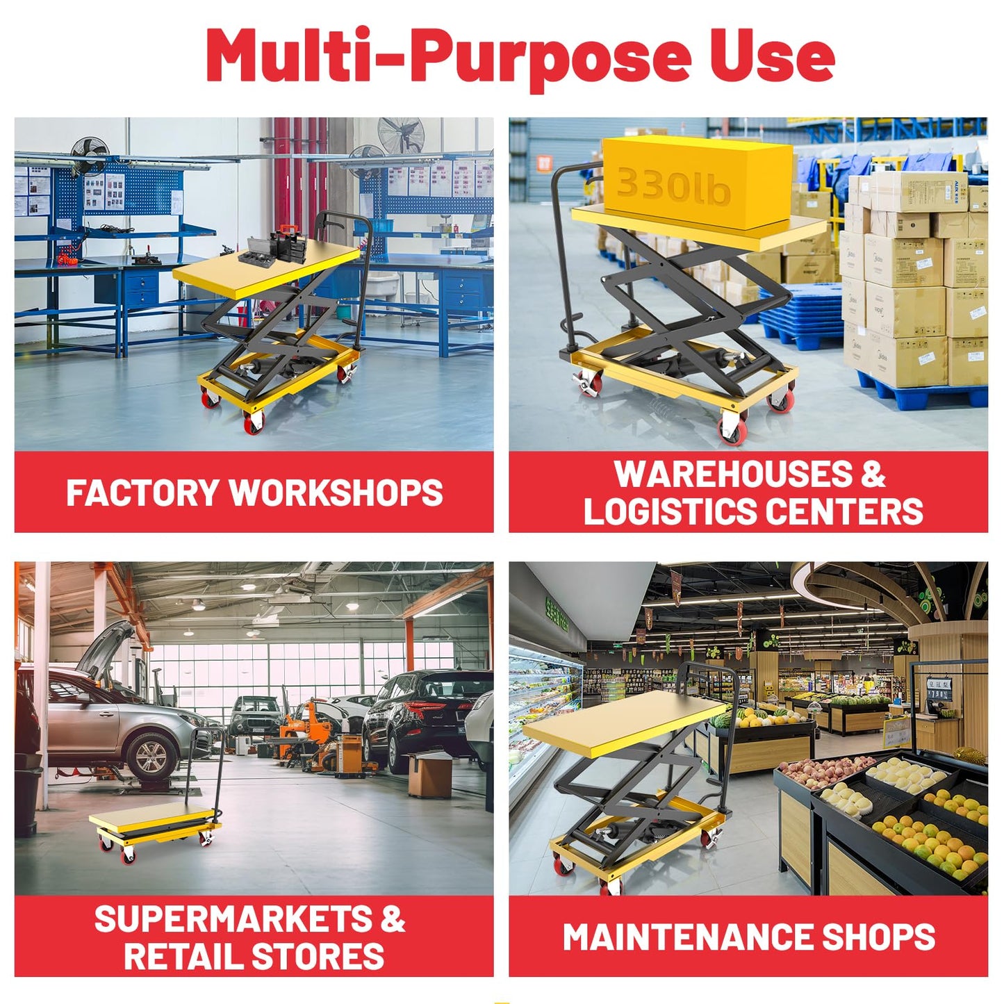ZKH Hydraulic Lift Cart, 330lb Capacity, 49.6" Max Lifting Height, Single Scissors Lift Table with Locking Wheels and Overload Bar for Safe Operations, Ideal for Material Handling and Freight Lifting