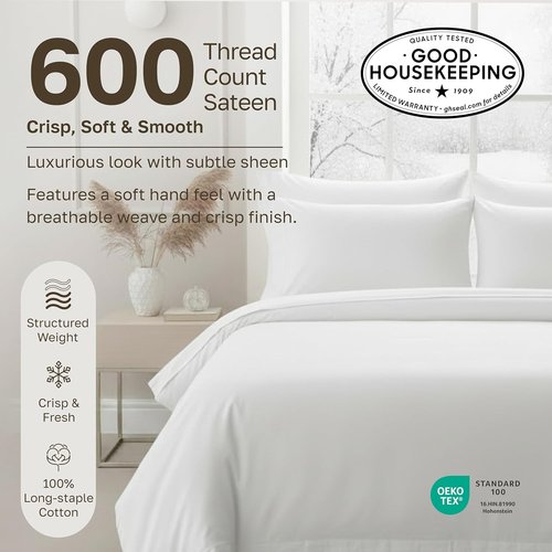 California Design Den Twin Sheet Set - Luxury 600 Thread Count 100% Cotton Sateen, Snug Fit - White