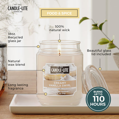 Candle-lite Fall Scented Candles, Creamy Vanilla Swirl, 18 oz Jar, Proudly Poured in The USA, Aromatherapy Candle, Single-Wick with 110 Hours of Burn Time, Perfect for Creating a Relaxing Ambiance