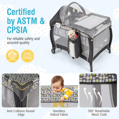 BABY JOY 4 in 1 Pack and Play, Portable Baby Playard with Bassinet, Adjustable Canopy, Changing Table, Lockable Wheels, Glowing Music Box, Travel Baby Crib Bassinet Bed from Newborn to Toddler Grey