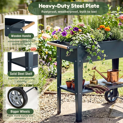 Growvy Raised Garden Bed Outdoor with Wheels, Leg and Wooden Handle, 29.5x13.4x32.3in, 350lb Cap, Metal Elevated Raised Planter Box for Herb, Vegetable, Perfect for Backyard, Balcony, Light Black
