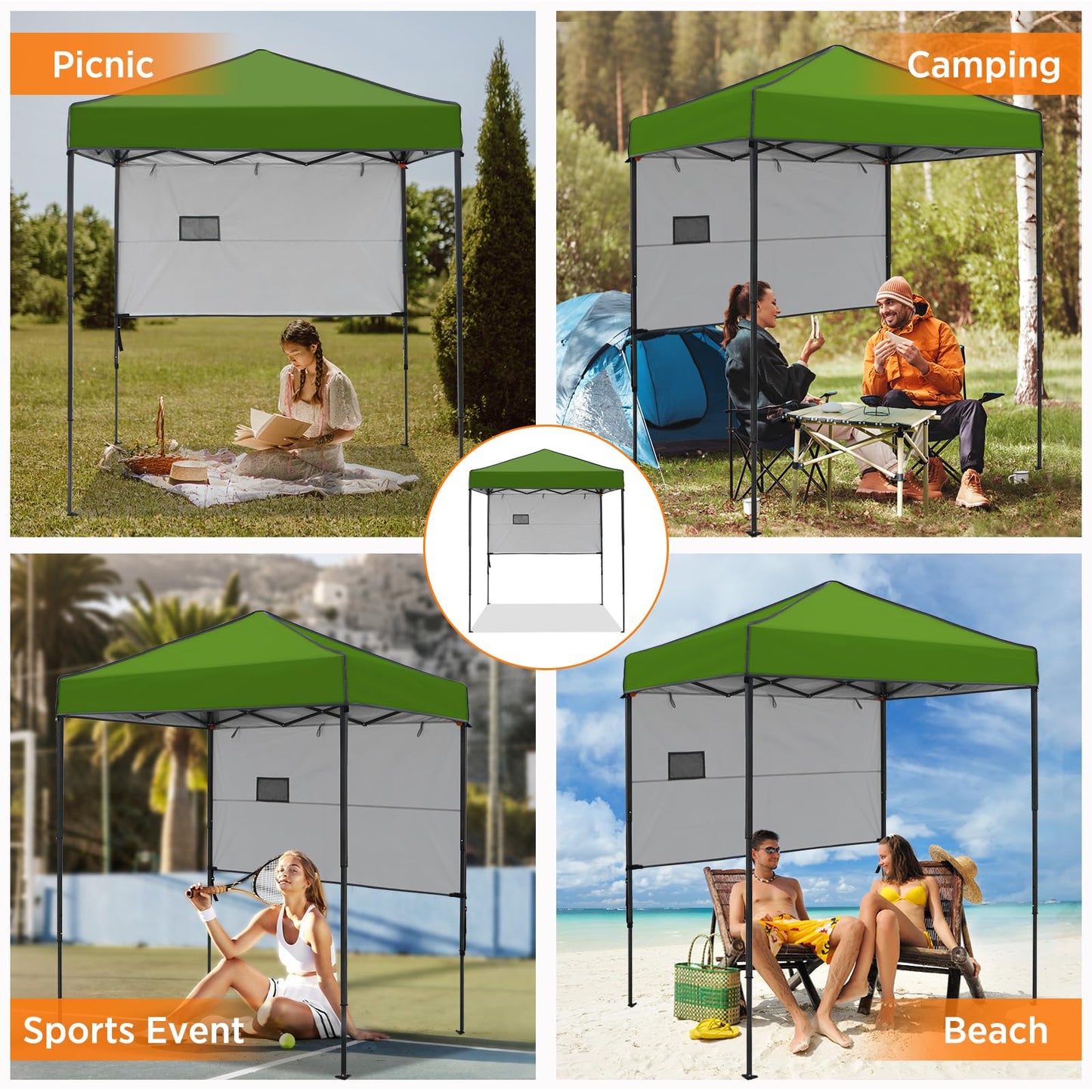COOS BAY 6x4 Pop Up Canopy Tent with Adjustable Side Wall, Easy Setup Lightweight Portable Sun Shelter for Beach, Camping & Small Spaces, Grass Green