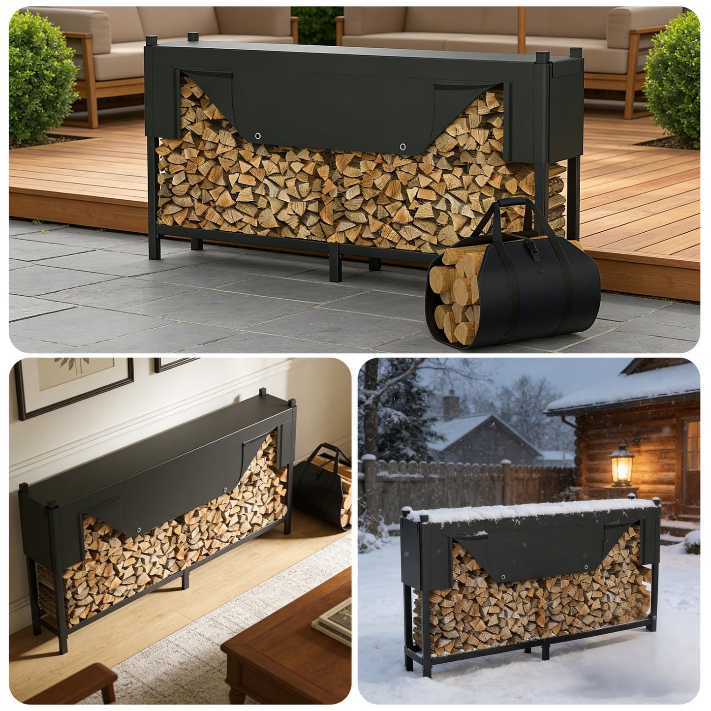 WALMANN Heavy-Duty 8 ft Firewood Rack with Waterproof Cover & Firewood Carry Bag, Outdoor Indoor Wood Log Holder for Fireplace, Patio & Porch, Sturdy Steel Fire Wood Storage Stand