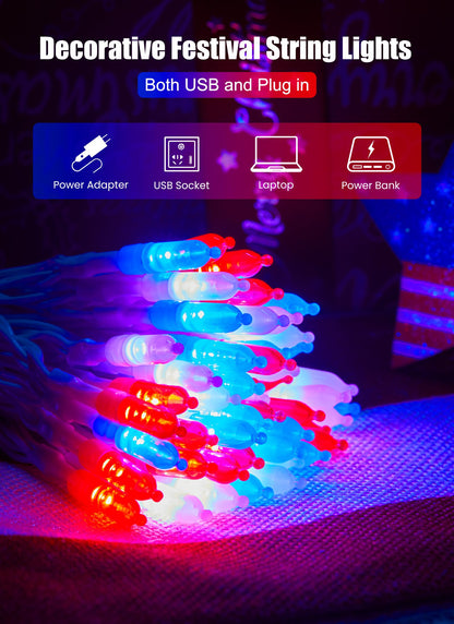 Minetom 200 LED String Lights with Remote, Waterproof, Red White Blue, Indoor/Outdoor, Model DMO-S-100