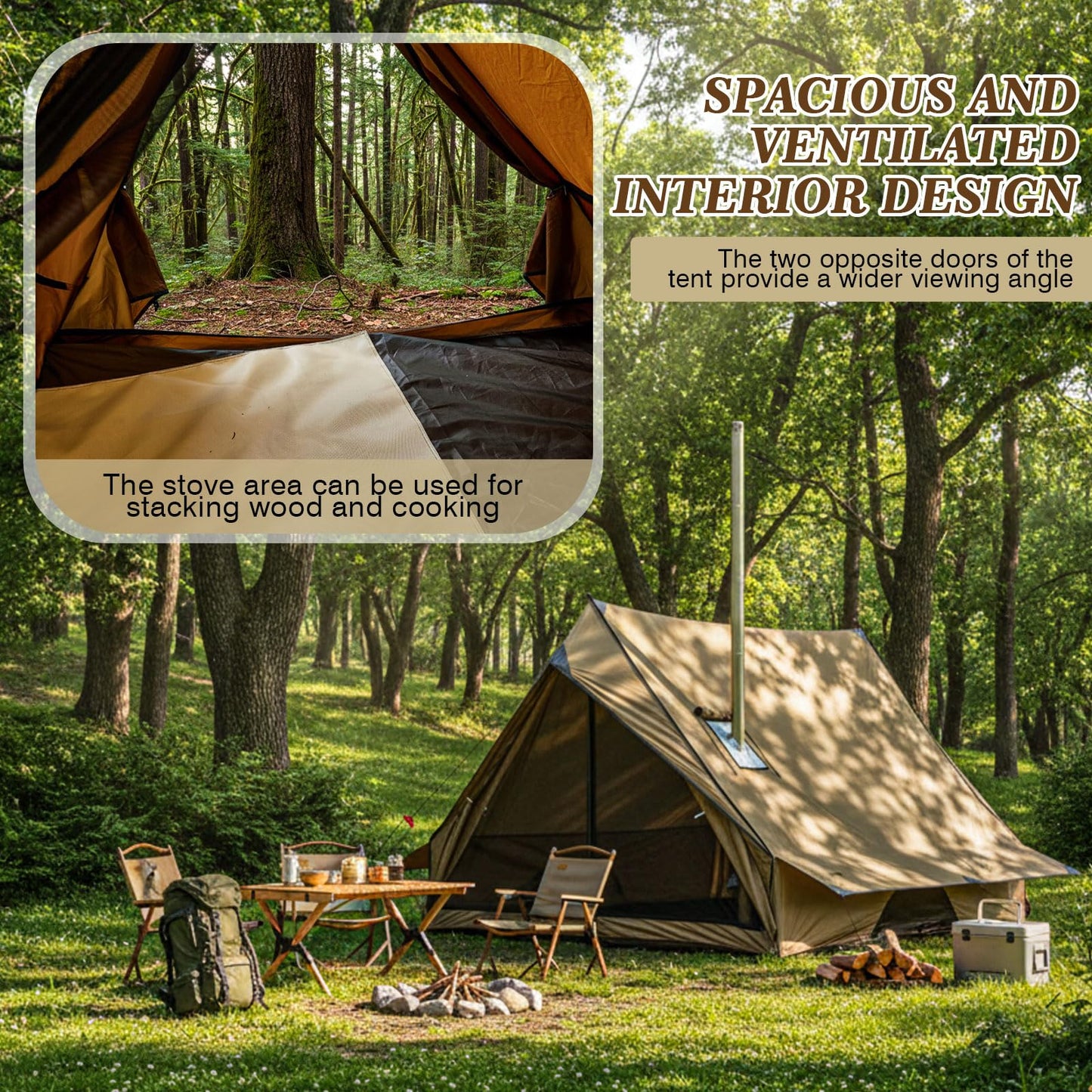 Soulchen Hot Tent with Stove Jack for 2-3 Person Camping, Waterproof Lightweight Bushcraft Tent for Hiking, Backpacking, Outdoor Fishing & Shelter with Poles Stakes & Fireproof Mat