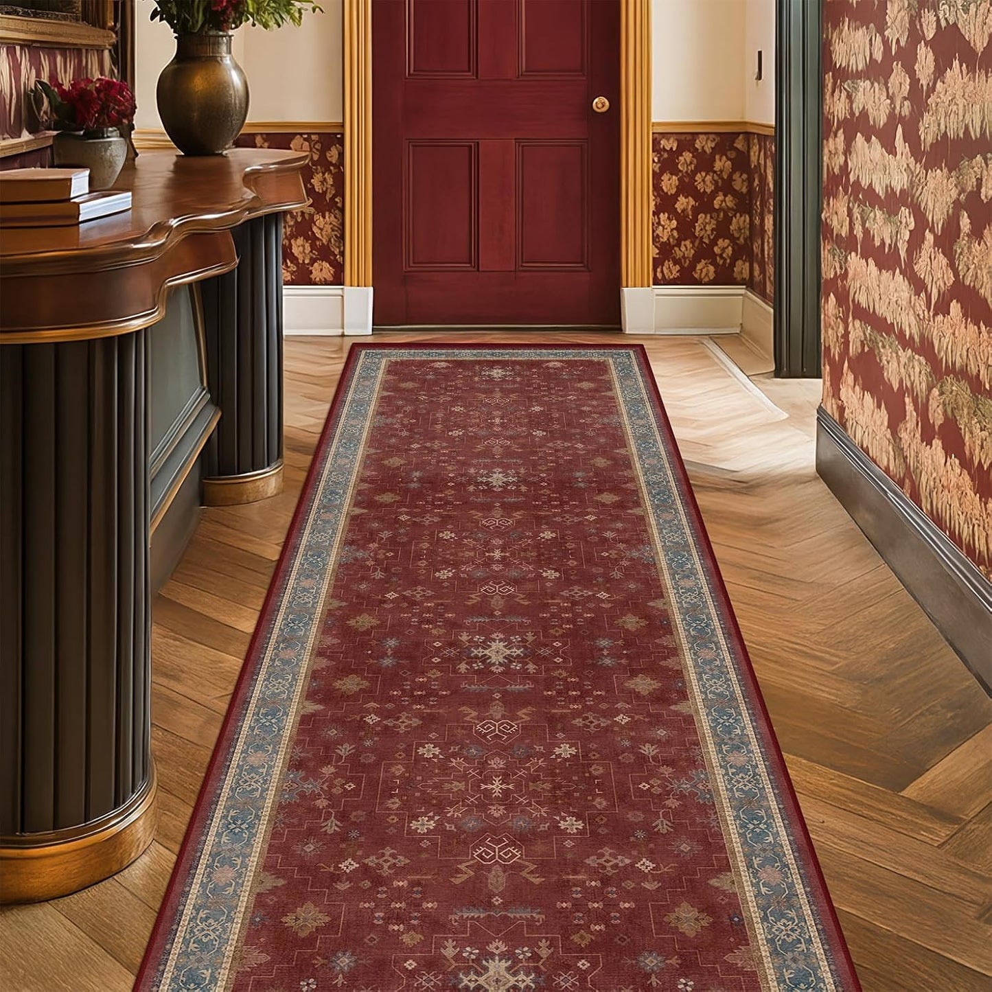 Turkish Kitchen Runner Rugs by [Brand Name] - Non-Skid & Washable | Dark Red, Ideal for Hallway & Bedroom