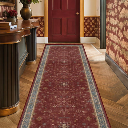 Turkish Kitchen Runner Rugs by [Brand Name] - Non-Skid & Washable | Dark Red, Ideal for Hallway & Bedroom
