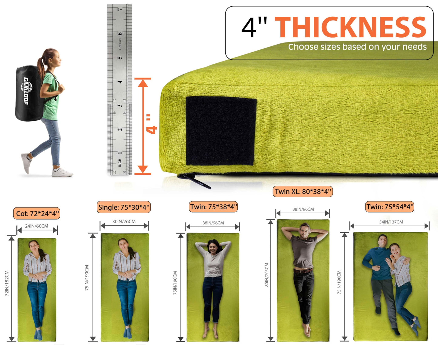 GAIALOOP 4 INCH Thick Memory Foam Camping Mattress, Roll Up Floor Sleeping Mat Camp Cot Mattress Pad Travel Camping Couch Bed for Guest Adults Side Sleepers [Full:75 * 54 * 4"]