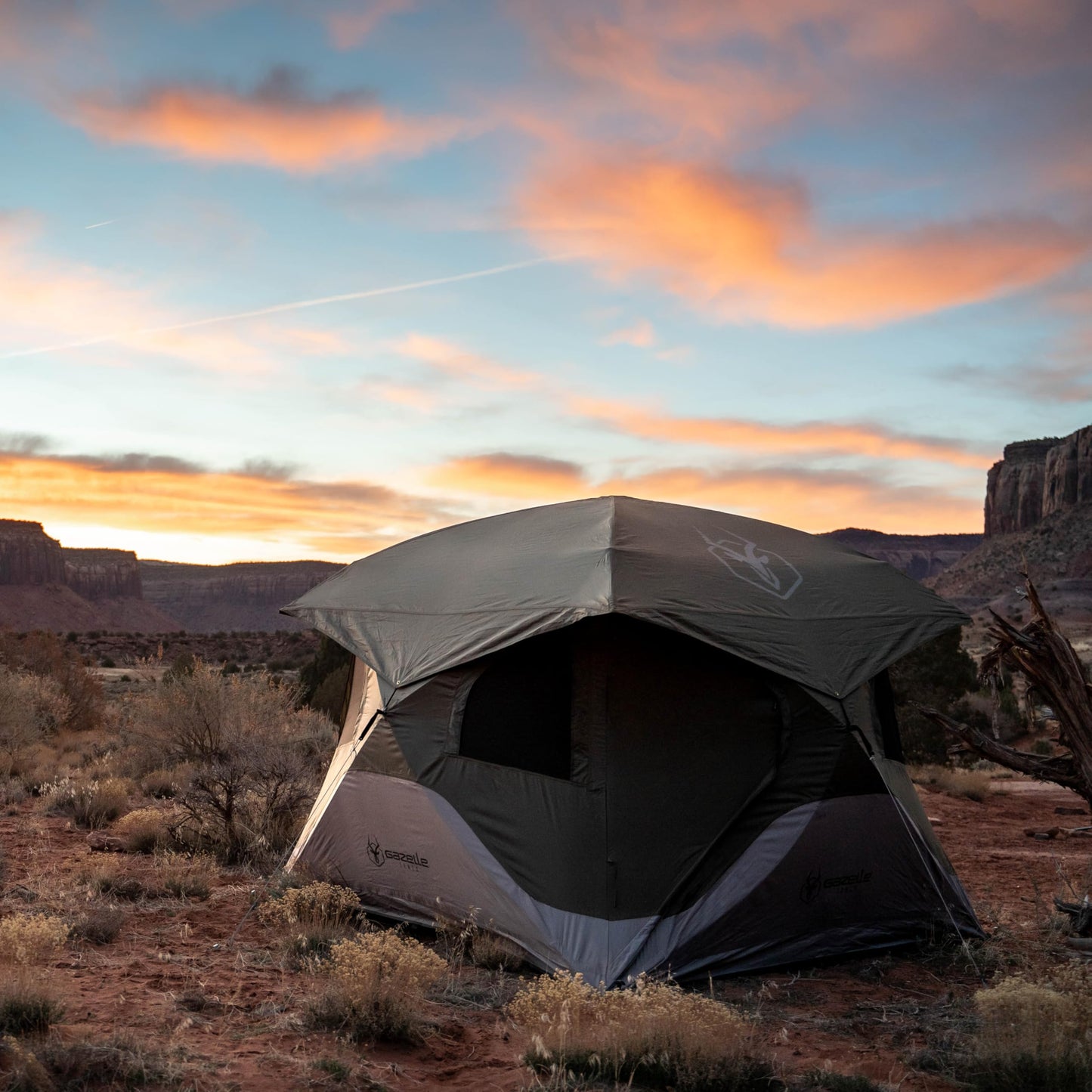 Gazelle Tents™ T4 Hub Tent with Overland Kit, Easy 90 Second Set-Up, Waterproof, UV Resistant, Removable Floor, All-Terrain Stakes, Duffle Bag, 4 Person, Alpine Green/Slate, 94" x 94" x 78", GK917