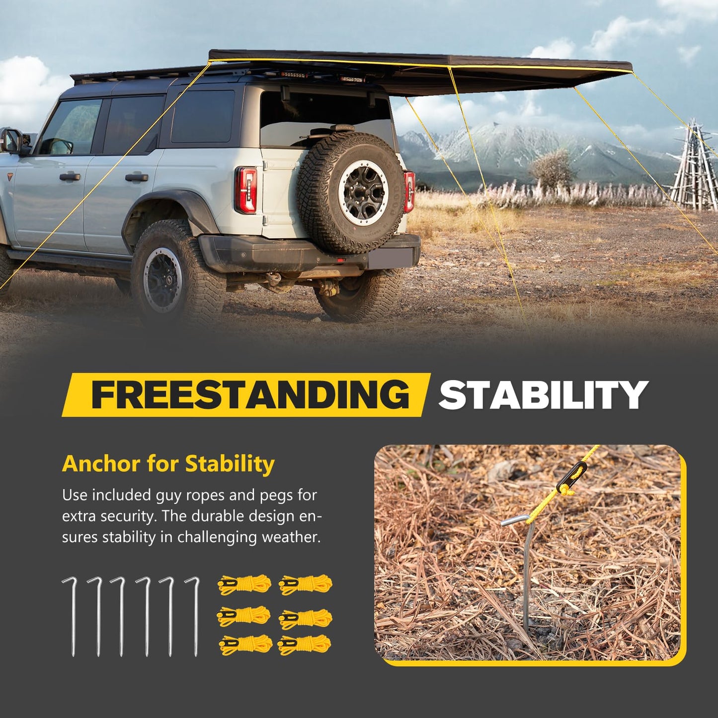 BUNKER INDUST 270 Degree Awning Free Standing, Vehicle Overland Awning Built-in LED Light - Three Colors, Car Passenger Side, Waterproof Wind Resistant for SUV Van Truck Camper