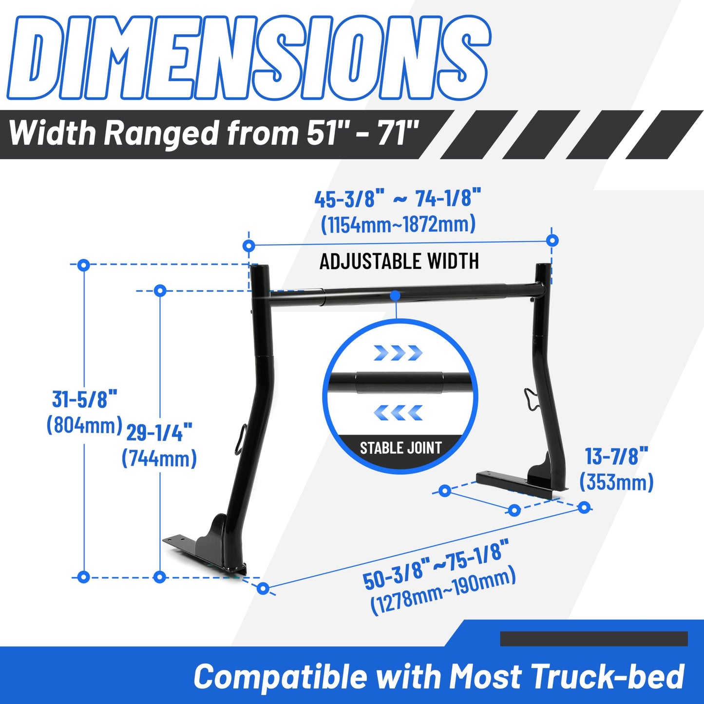 KUAFU Extendable Truck Rack Heavy Duty Steel Truck Bed Ladder Rack Compatible with Truck-Bed Width Ranged from Min.51 - Max.71,800Ibs Capacity Cargo Rack Kayak Surfboard Lumber Rack Two-bar Set