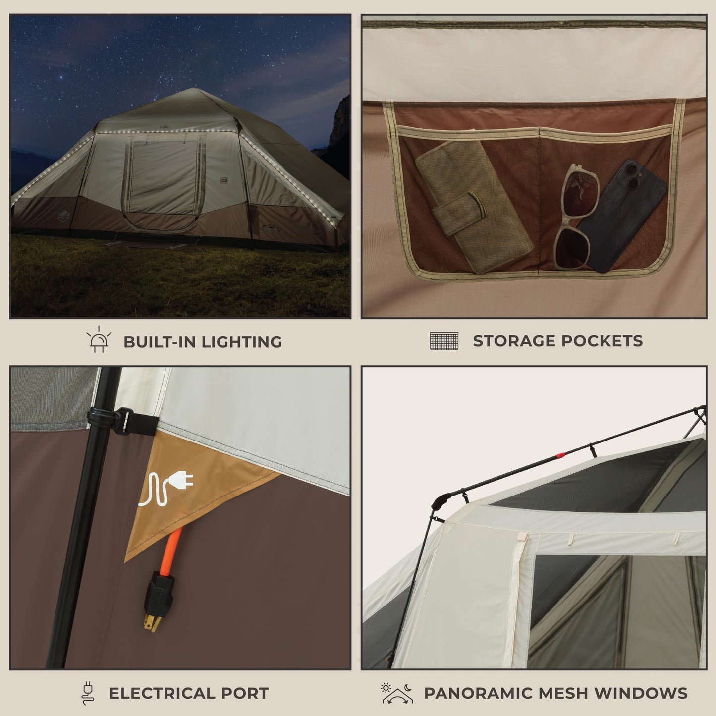 CORE 10 Person Instant Cabin Tent with LED Lights | Large Lighted Pop Up Tent with Carry Bag for Outdoor Camping, Glamping, and Backyard Adventures | Included Storage Pockets for Camp Accessories