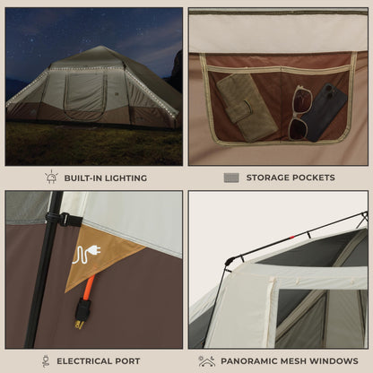 CORE 10 Person Instant Cabin Tent with LED Lights | Large Lighted Pop Up Tent with Carry Bag for Outdoor Camping, Glamping, and Backyard Adventures | Included Storage Pockets for Camp Accessories