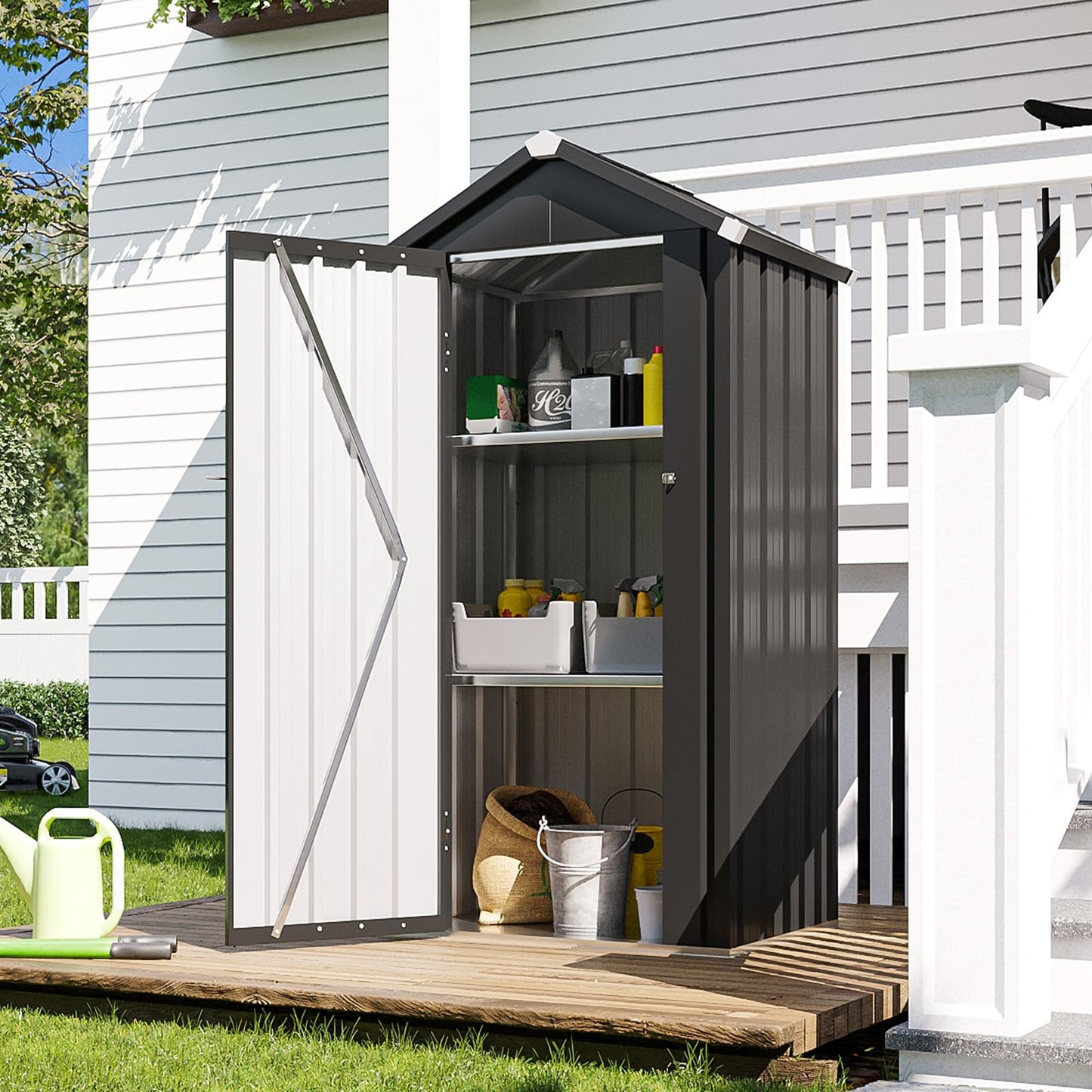 Aoxun Vertical Metal Tool Cabinet 2.5x2FT, 21 Cu.Ft Weatherproof Outdoor Storage Shed with Floor & Adjustable Shelves, Space-Saving Design for Garden, Garage, Patio
