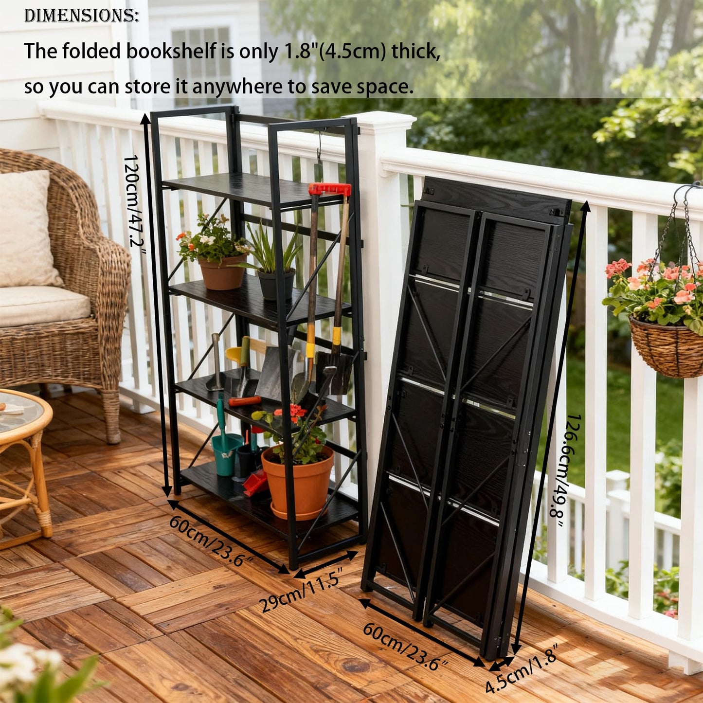 Kogven Folding Bookshelf, 2-in-1 Convertible Design, Multifunctional Plant Stand Storage Rack Shelves for Home Office, Easy Assembly, 4-Tier,Black