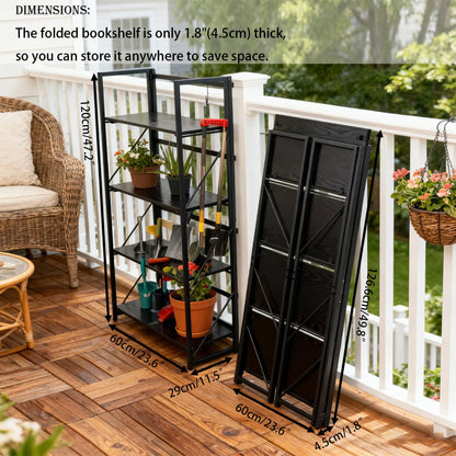 Kogven Folding Bookshelf, 2-in-1 Convertible Design, Multifunctional Plant Stand Storage Rack Shelves for Home Office, Easy Assembly, 4-Tier,Black