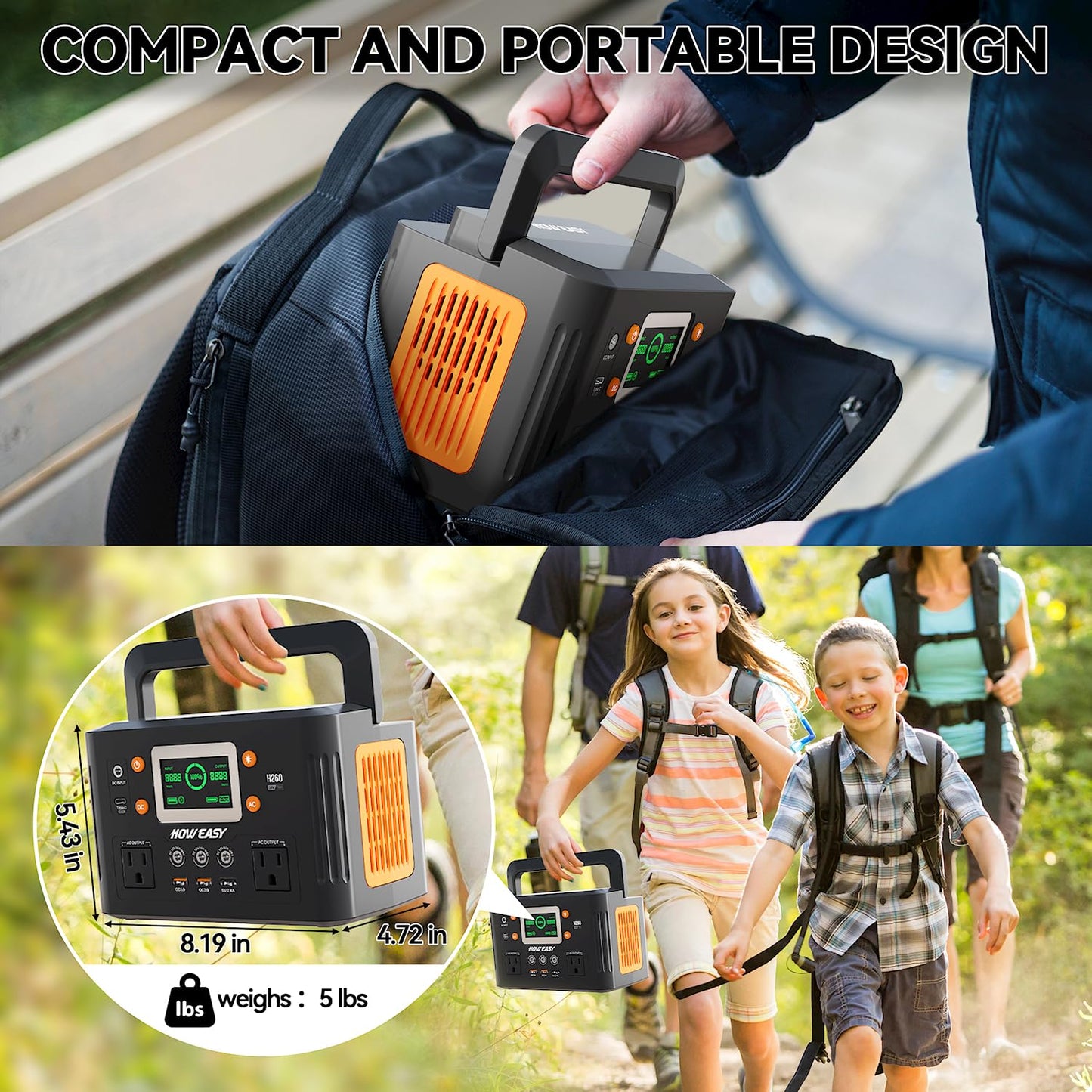 HOWEASY Portable Power Station,260W(500W peak) Solar Generator with PD 65W,110V Pure Sine Wave AC Outlet, 48000mAh Backup Lithium Battery for Outdoor Camping Travel Home Emergency