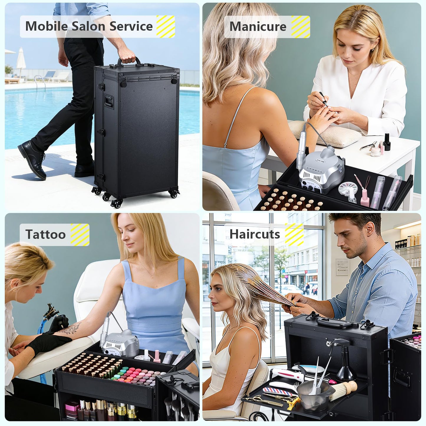 Adazzo Mobile Nail Tech Station & Rolling Makeup Case with Drawers - Lockable Nail Travel Case for Nail Tech, Cosmetology Case on Wheels, Salon Cart & Tattoo Workstation